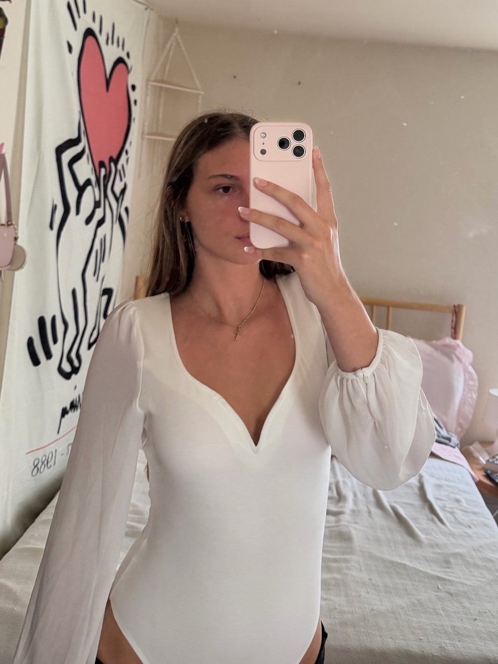 Women's White V-Neck Long Sleeve Bodysuit